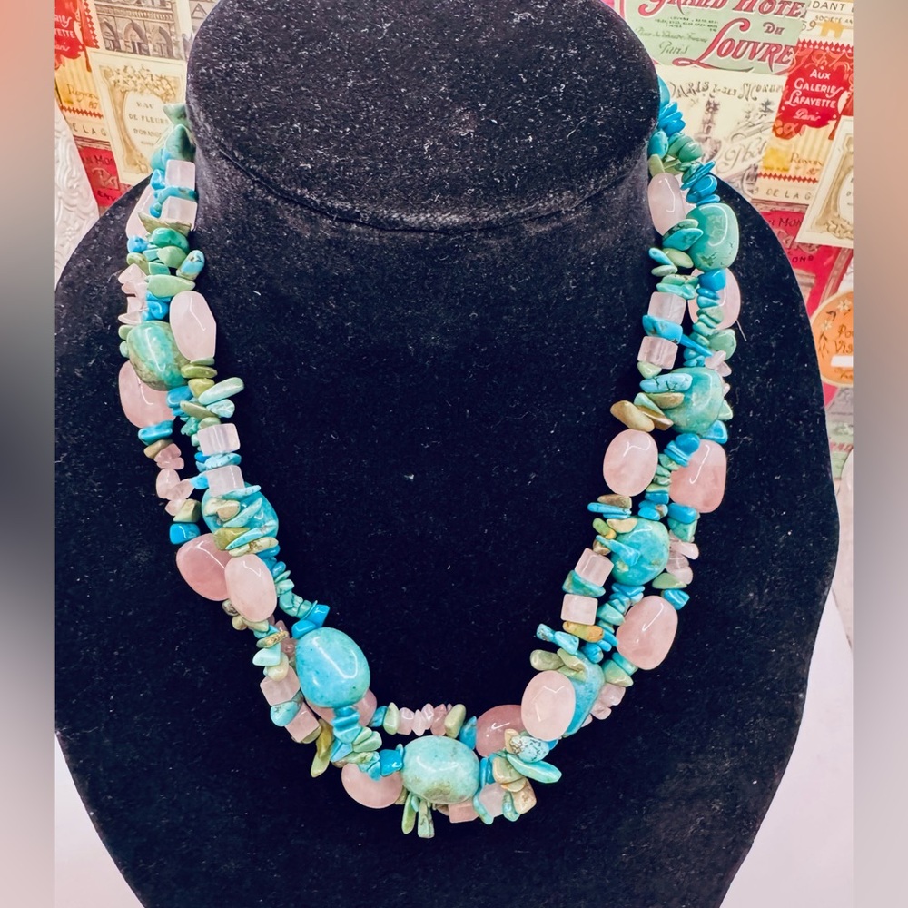 Vintage Sterling SilverReal Turquoise and Rose Quartz 3 Strand Necklace